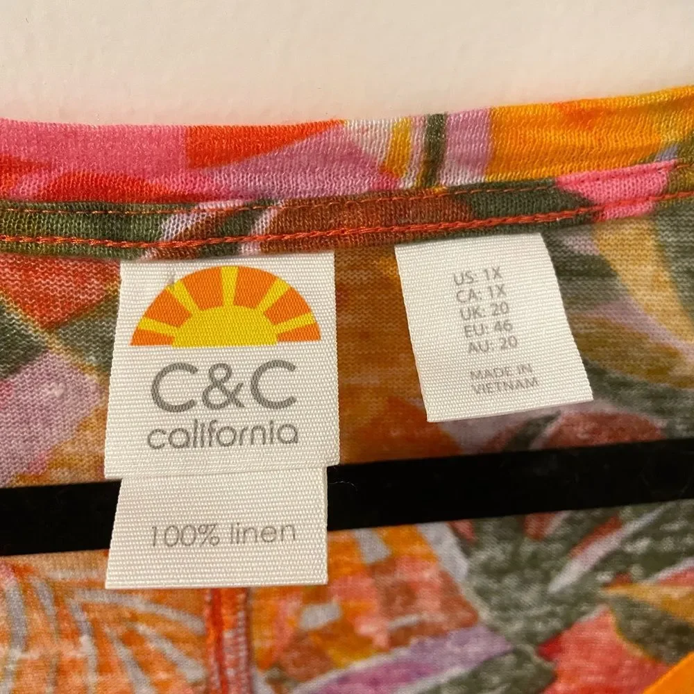 C&C California Vividly Colored Tropical Print 100% Linen Beachy Top size 1X - Picture 3 of 5